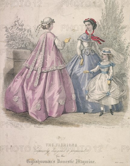 Two women and a child wearing the latest fashions, 1866. Artist: Anon