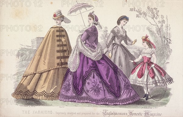 Three women and a child wearing the latest fashions, 1864. Artist: Anon