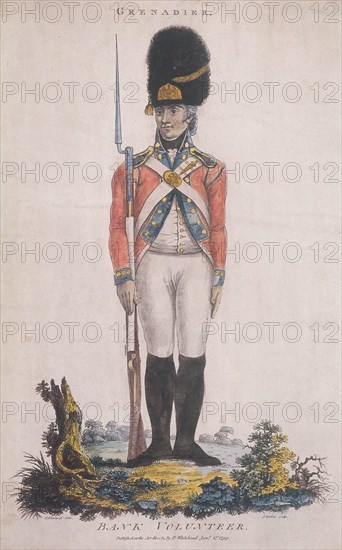 Grenadier in the Bank Volunteers, holding a rifle with a bayonet attached, 1799. Artist: John Barlow