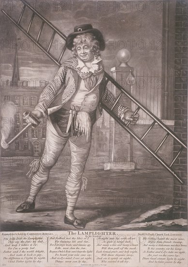 Lamplighter, 1790; with humorous text in the lower margin. Artist: Anon