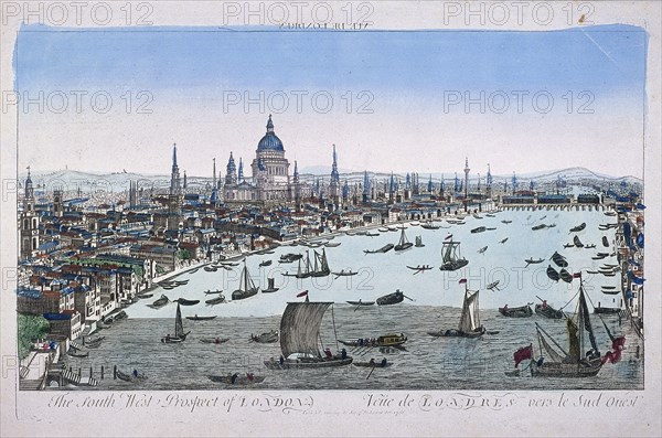 Bird's-eye view of London from Somerset Gardens, in the City of Westminster, 1760. Artist: Anon