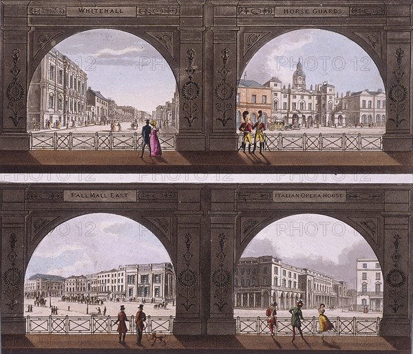Four views of London sites seen through an arch, c1820. Artist: Anon