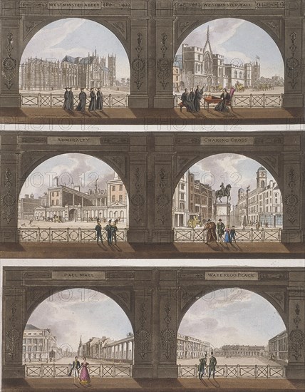 Six views of London sites seen through an arch, c1820. Artist: Anon