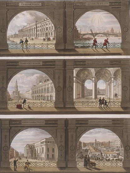 Six views of London sites seen through an arch, c1820. Artist: Anon