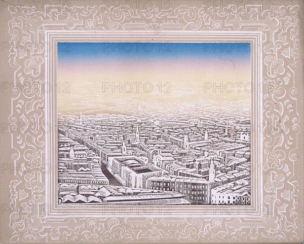 Aerial view of London with decorative border, c1845. Artist: Kronheim & Co