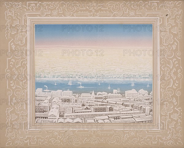 Aerial view of London with decorative border, c1845. Artist: Kronheim & Co