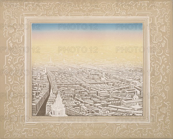 Aerial view of London framed in a decorative border, c1845. Artist: Kronheim & Co