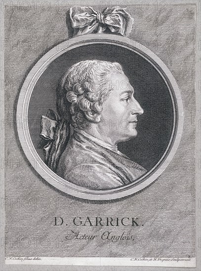 Oval portrait of the actor David Garrick wearing a short wig, with surround, c1780. Artist: Charles Nicolas Cochin