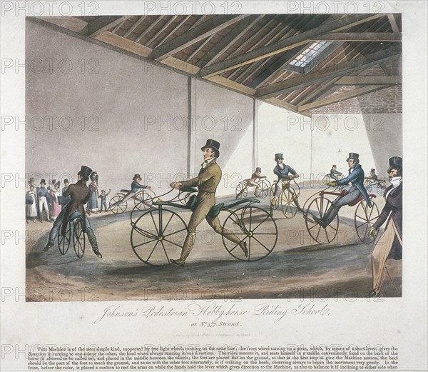 'Johnson's Pedestrian Hobbyhorse Riding School', the Strand, Westminster, London, 1819. Artist: Anon