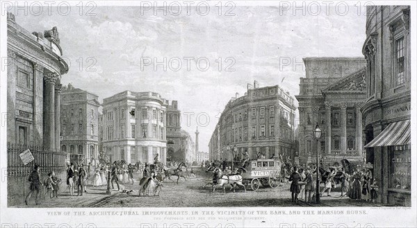 'View of the Architectural Improvements in the Vicinity of the Bank, and the Mansion House', c1837. Artist: Thomas Higham