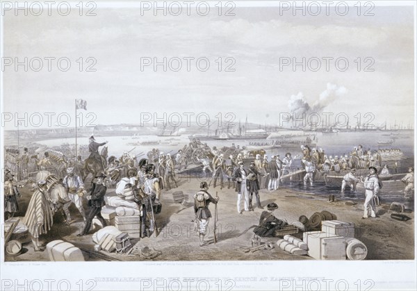 'Disembarkation of the Expedition to Kertch at Kamish Bournou', 1855. Artist: E Walker