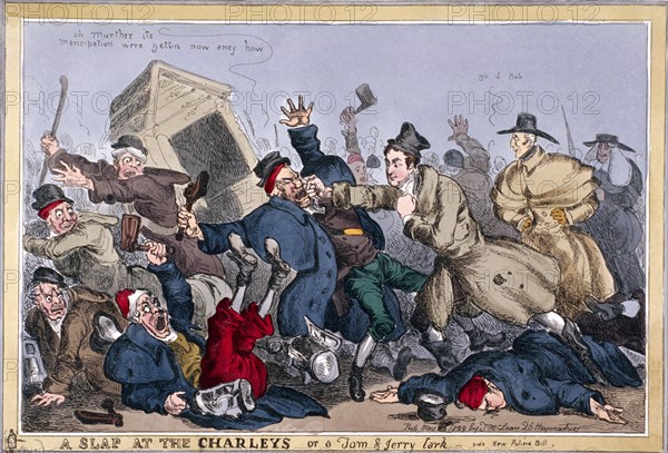 'A slap at the Charleys or a Tom & Jerry lark, vide New Poliece Bill', 1829 Artist: Thomas McLean