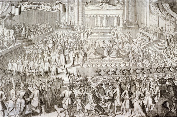 Coronation of William III and Mary II in Westminster Abbey, London, 1689. Artist: Anon