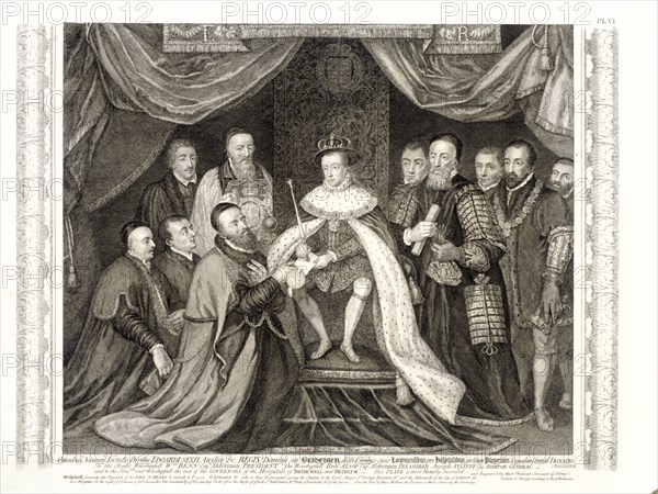 King Edward VI signing a charter, 1552, (1750). Artist: George Vertue