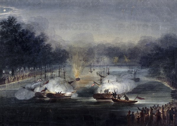 View of a sham fight on the Serpentine, Hyde Park, London, 1814. Artist: Charles Calvert