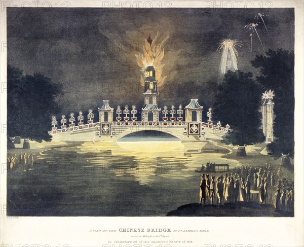 ...Chinese Bridge in St James's Park..., in celebration of the glorious peace of 1814'. Artist: Frederick Calvert