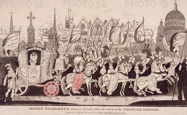 Queen Elizabeth I travelling by coach to St Paul's after the defeat of the Spanish Armada, c1840. Artist: Anon