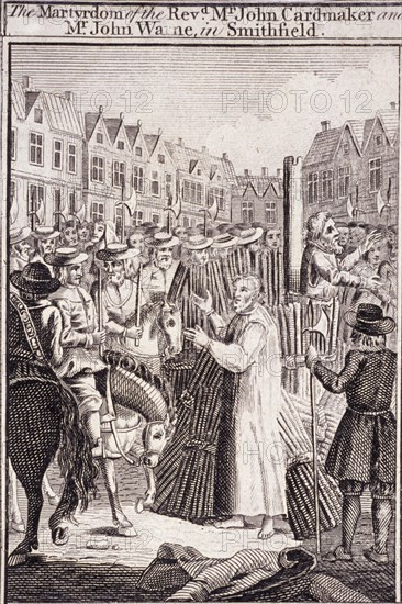 The execution of John Cardmaker and John Warne at Smithfield, 1555, (c1720). Artist: Anon