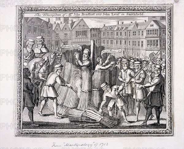 The execution of John Bradford and John Leaf at Smithfield, 1555, (c1713). Artist: Anon