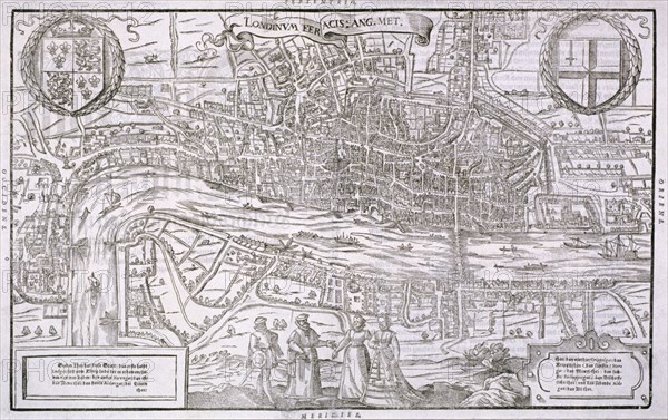 Map of the City of London and City of Westminster with four figures in the foreground, (c1572?). Artist: Anon