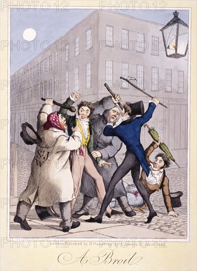 View of a street fight scene at night, City of Westminster, London, 1822. Artist: Anon