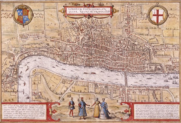 Map of the City of London, Southwark and part of Westminster, 1572. Artist: Franz Hogenberg