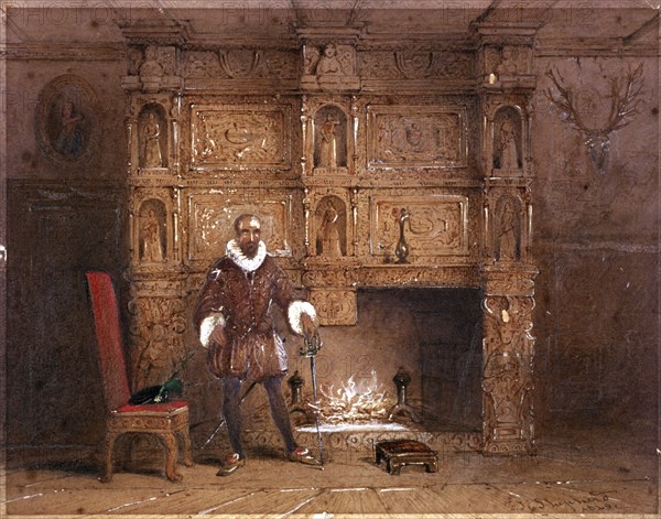 Possibly Sir John Spencer in Canonbury House; or Sir Walter Raleigh in the Old Pied Bull Inn, Islington, London, 1849. 19th century representation of an Elizabethan scene. The Pied Bull is the site where Sir Walter Raleigh is reputed to have first smoked tobacco.