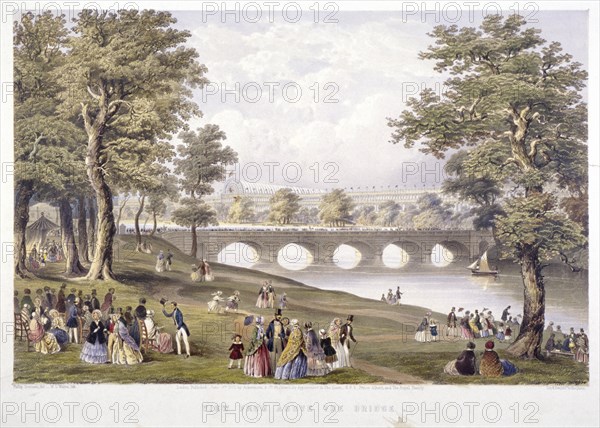 View from the bridge on the Serpentine towards Crystal Palace, London, 1851. Artist: Day & Son