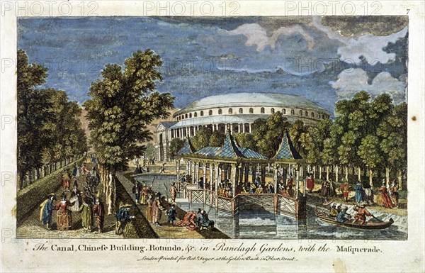 View of the Canal, Chinese Building and Rotunda in Ranelagh Gardens, Chelsea, London, c1750. Artist: Anon