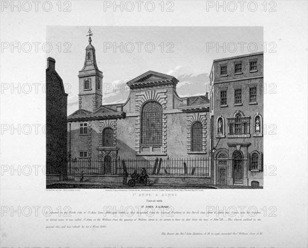 Exterior view of St Anne and St Agnes, City of London, 1814. Artist: Joseph Skelton