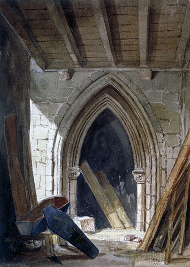 Crypt of St Anne, Blackfriars, City of London, 1854. Artist: Percy William Justyne