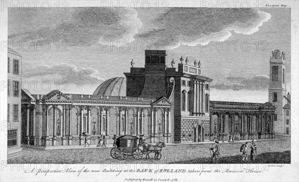 View of the new building at the Bank of England, City of London, 1785. Artist: John Goldar