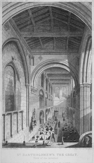 People in pews inside the Church of St Bartholomew-the-Great, Smithfield, City of London, 1837. Artist: John Le Keux