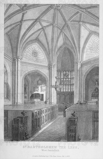 Interior of the Church of St Bartholomew-the-Less, City of London, 1839. Artist: T Turnbull