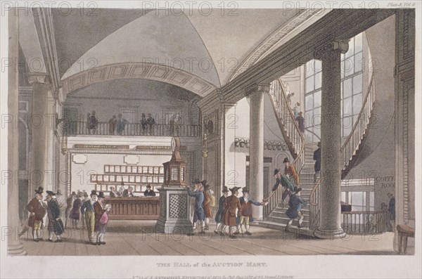 Interior view of the hall in the Auction Mart, Bartholomew Lane, City of London, 1811. Artist: Anon