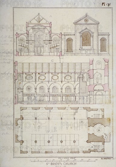 Section, elevation and ground plan of St Bride's Church, Fleet Street, City of London, 1840. Artist: H Ansted