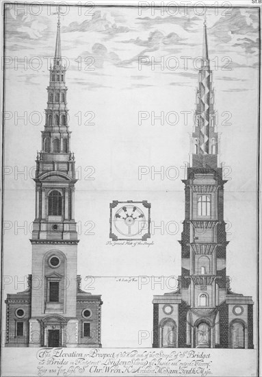 St Bride's Church, Fleet Street, City of London, 1700. Artist: Anon