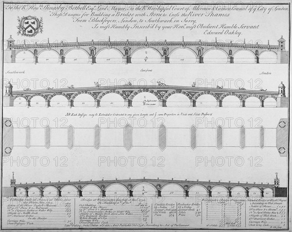 Three designs by Edward Oakley for Blackfriars Bridge, 1756. Artist: Benjamin Cole