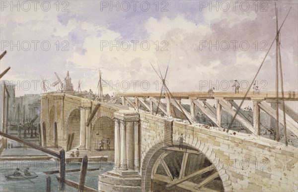 Demolition work being carried out on Blackfriars Bridge, 1864. Artist: George Maund