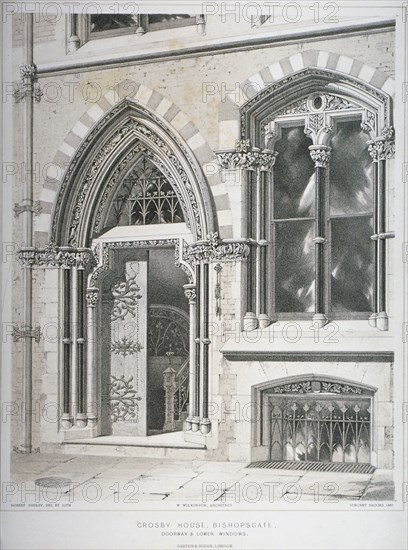 The doorway and lower windows of Crosby Hall at no 95 Bishopsgate, City of London, 1860. Artist: Vincent Brooks
