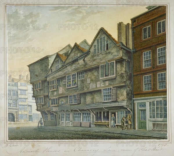 Houses on the corner of Chancery Lane and Fleet Street, City of London, 1798. Artist: William Capon