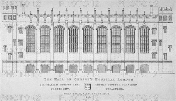 Elevation of the hall of Christ's Hospital, City of London, 1825. Artist: Anon