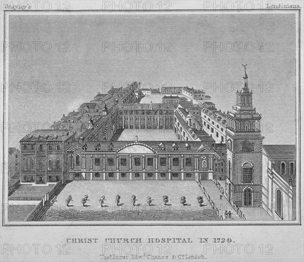 Bird's-eye view of Christ's Hospital as it was in 1720, City of London, 1829. Artist: Anon