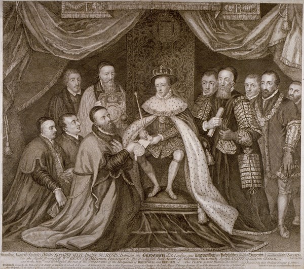 Edward VI signing a charter giving Bridewell to the City of London for a workhouse, 1552 (1750). Artist: George Vertue