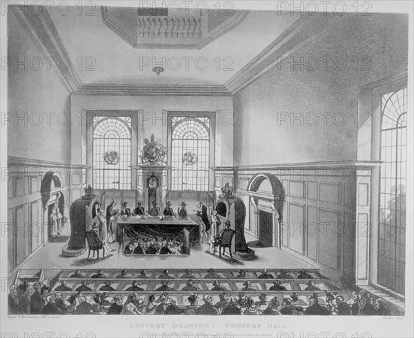 Drawing of the state lottery taking place in Coopers' Hall, City of London, 1809. Artist: Anon