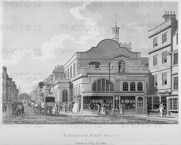 South-east view of the Church of St Dunstan in the West, Fleet Street, City of London, 1797. Artist: Anon