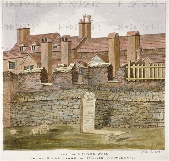 Remains of London Wall in the churchyard of St Giles without Cripplegate, City of London, 1825. Artist: Valentine Davis