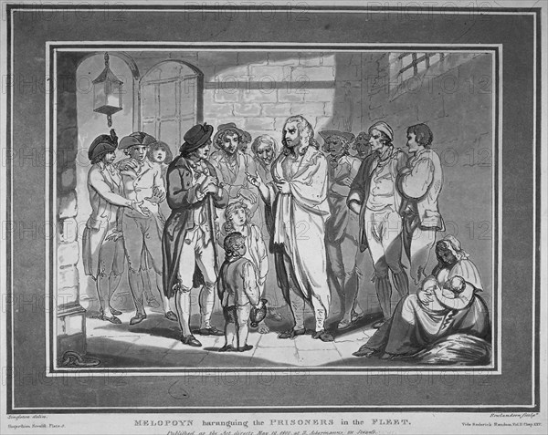 'Melopoyn haranguing the prisoners in the Fleet', 1800. Artist: Thomas Rowlandson