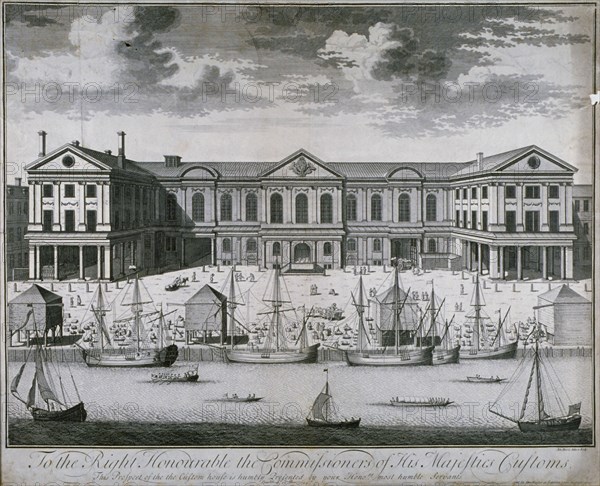 The Custom House from the River Thames, as it was in 1714, 1715. Artist: John Harris