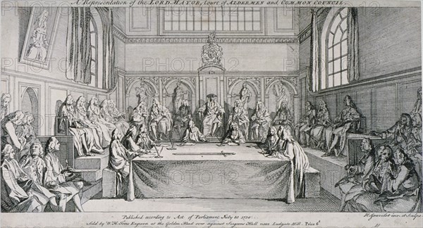 Meeting in the Guildhall Council Chamber, City of London, 1750. Artist: Hubert Francois Gravelot
